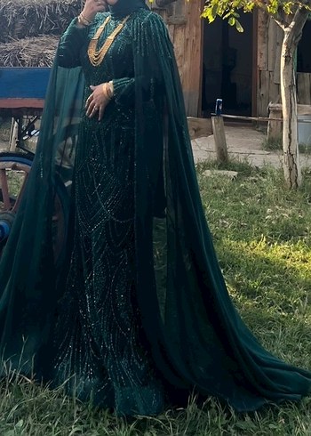Yeşil Desenli Uzun Bohem Abiye Elbise