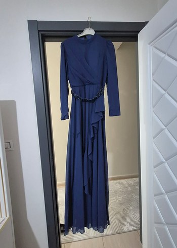 Uzun Koyu Mavi Kadın Abiye Elbise - Görsel 5