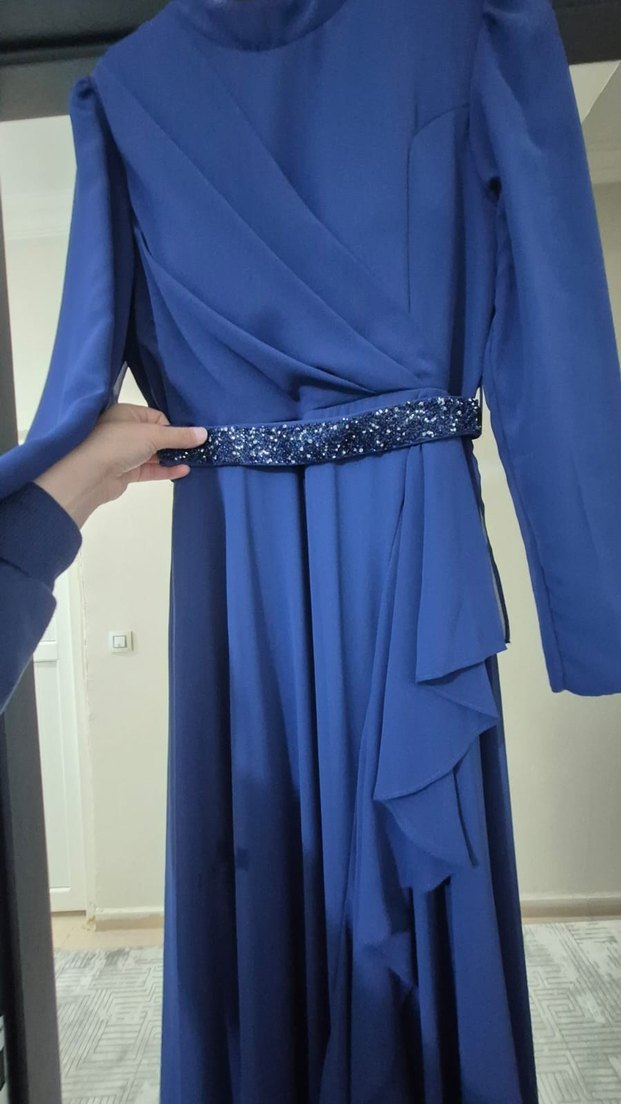 Uzun Koyu Mavi Kadın Abiye Elbise - Görsel 4