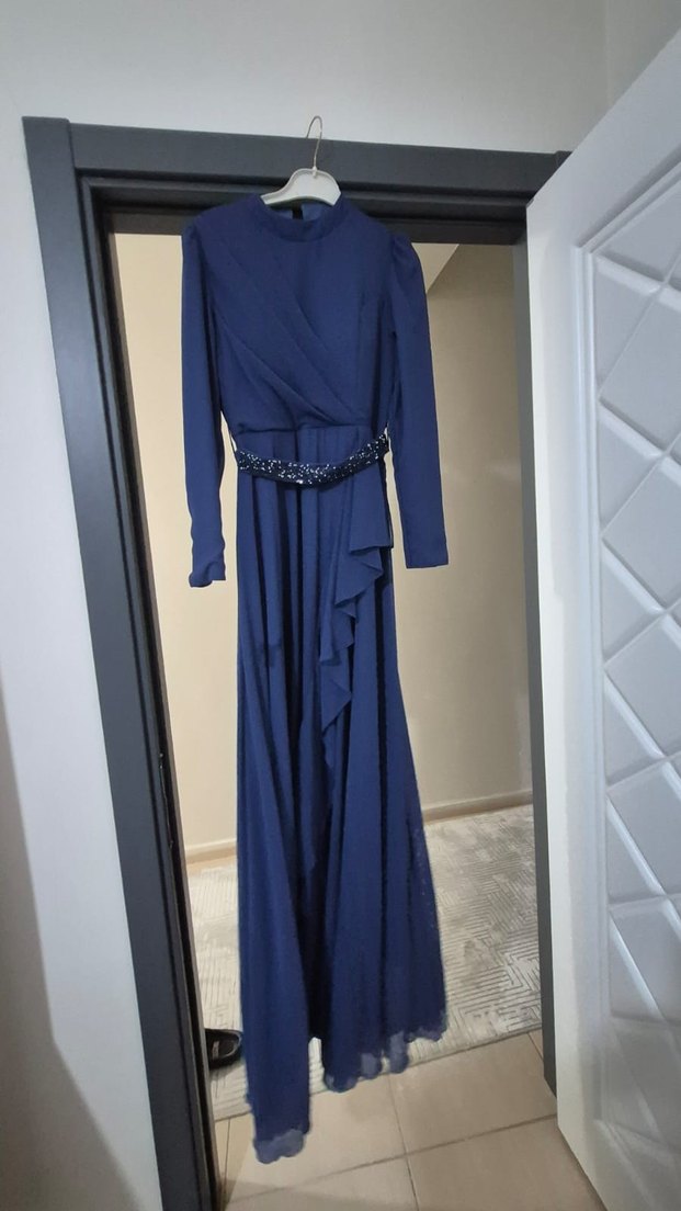 Uzun Koyu Mavi Kadın Abiye Elbise - Görsel 2