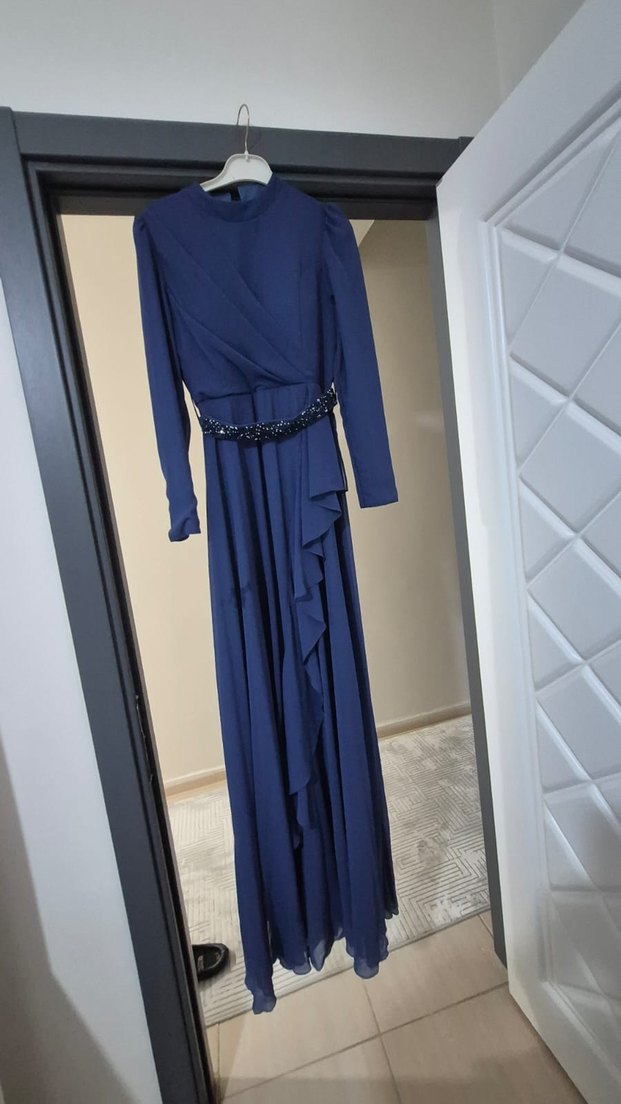 Uzun Koyu Mavi Kadın Abiye Elbise - Görsel 3