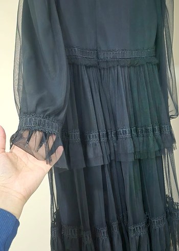 Uzun Siyah Gotik Nakışlı Elbise - Görsel 5