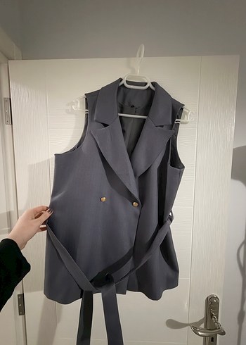 Gri Düğmeli Kadın Yelek Midi Boy - Görsel 2