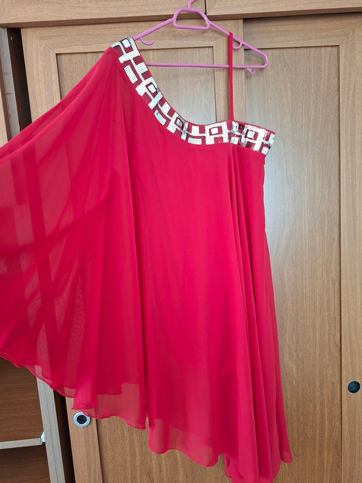 Kırmızı Tek omuz Abiye Elbise - Görsel 3