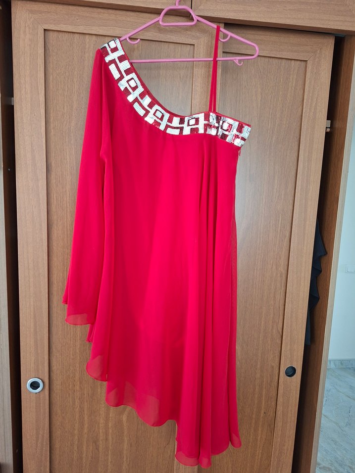 Kırmızı Tek omuz Abiye Elbise - Görsel 4