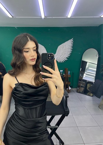 Siyah Drapeli Uzun Straplez Elbise - Görsel 2