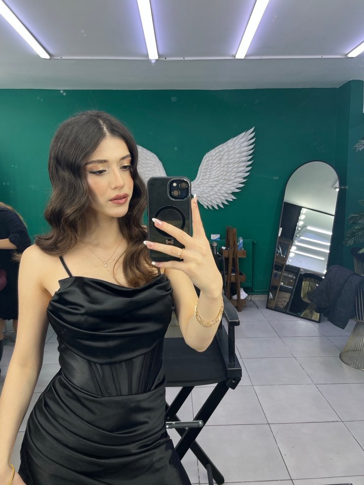 Siyah Drapeli Uzun Straplez Elbise - Görsel 2