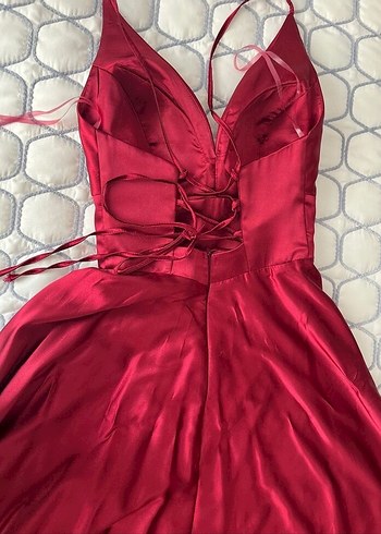 Bordo Uzun Drapeli V Yaka Abiye Elbise - Görsel 3