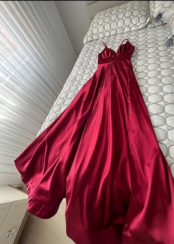 Bordo Uzun Drapeli V Yaka Abiye Elbise - Görsel 2