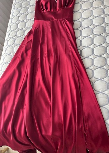 Bordo Uzun Drapeli V Yaka Abiye Elbise - Görsel 4