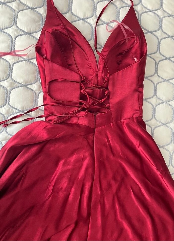 Bordo Uzun Drapeli V Yaka Abiye Elbise - Görsel 3