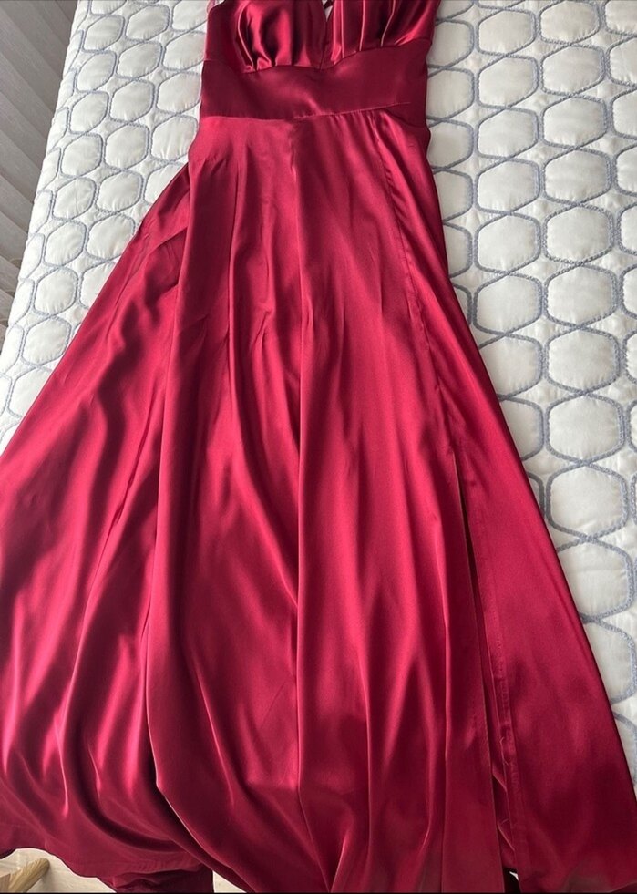 Bordo Uzun Drapeli V Yaka Abiye Elbise - Görsel 4