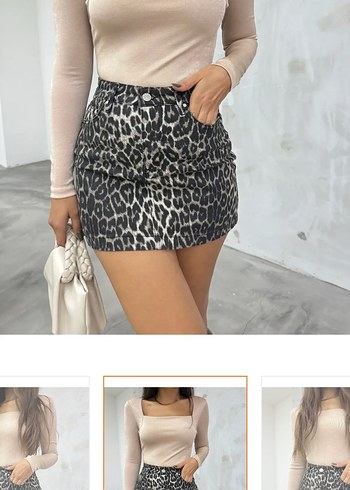 Gri leopar Desenli Mini Etek