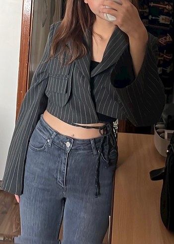 Çizgili Gri Kadın Blazer
