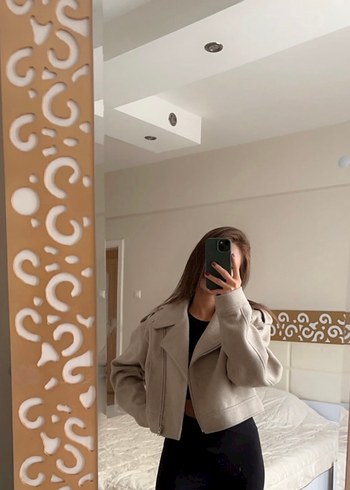 Bej Deri Notch Yaka Kadın Ceket