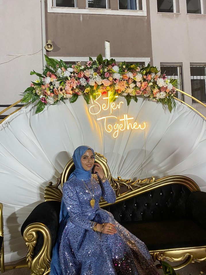 Mavi Uzun Kollu Drapeli Kadın Abiye - Görsel 2