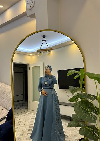 Mavi Drapeli Uzun Kol Abiye Elbise - Görsel 2