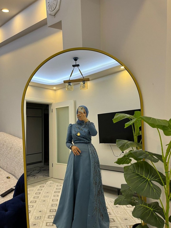 Mavi Drapeli Uzun Kol Abiye Elbise - Görsel 2