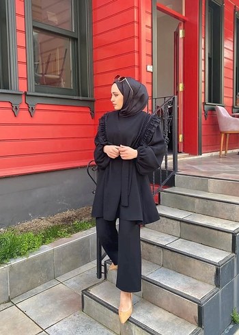 Diğer Kemerli Siyah Modest Uzun Takım