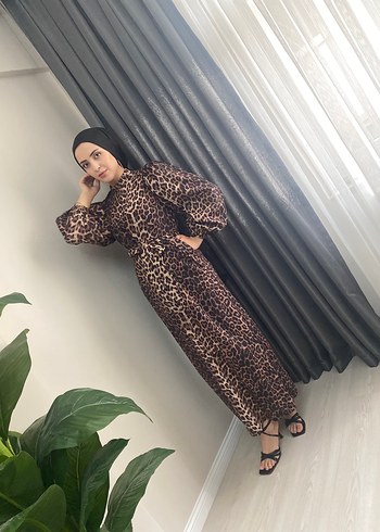 m Beden kahverengi Renk Leopar Desenli Uzun Kol Detaylı Elbise