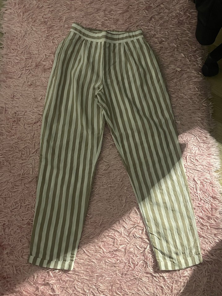 Yeşil Çizgili Pliseli Midi Keten Pantolon - Görsel 2