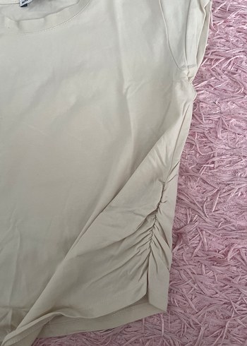 Bershka Bej Kısa Kollu Fırfırlı Keten Bluz - Görsel 5