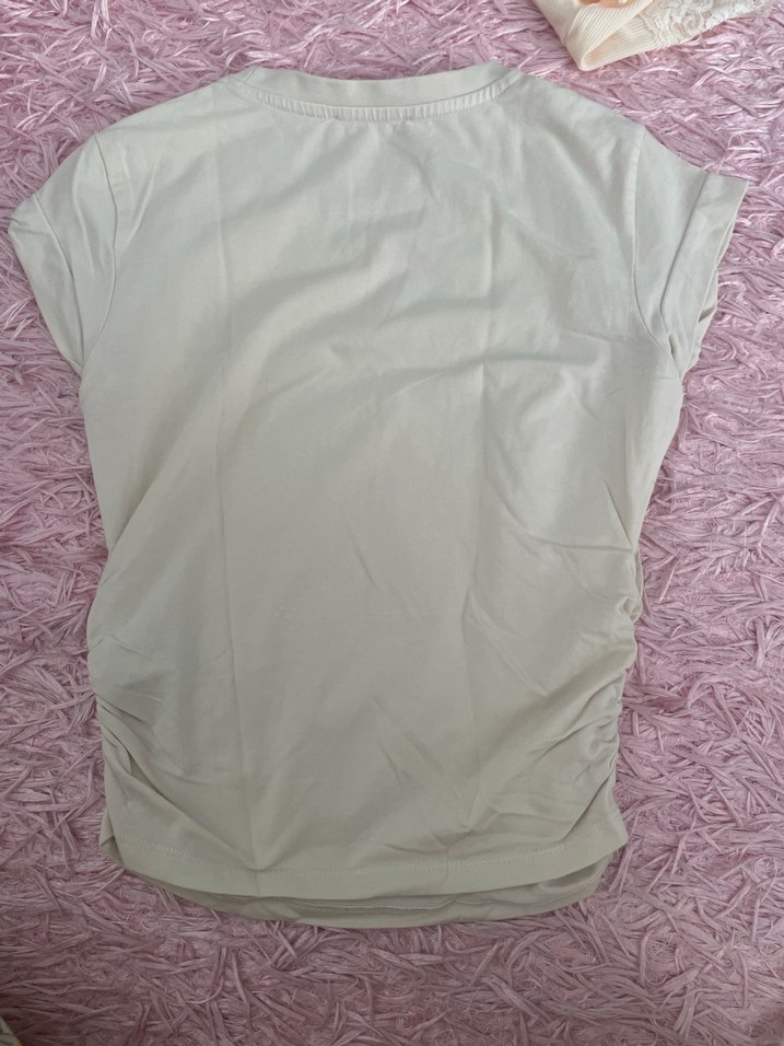 Bershka Bej Kısa Kollu Fırfırlı Keten Bluz - Görsel 3