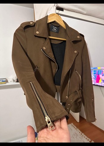 Bershka Kahverengi Süet Kemerli Deri Ceket