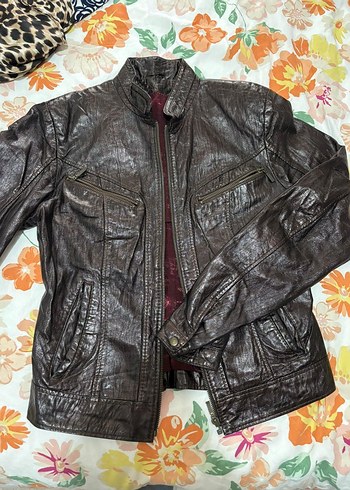 Kahverengi Deri Biker Ceket