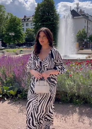 m Beden Zebra Desenli V Yakalı Kadın Uzun Elbise