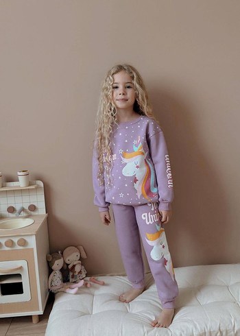 Kız Çocuk Mor Unicorn Desenli Sweatshirt ve Eşofman - Görsel 2