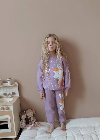 Kız Çocuk Mor Unicorn Desenli Sweatshirt ve Eşofman - Görsel 3