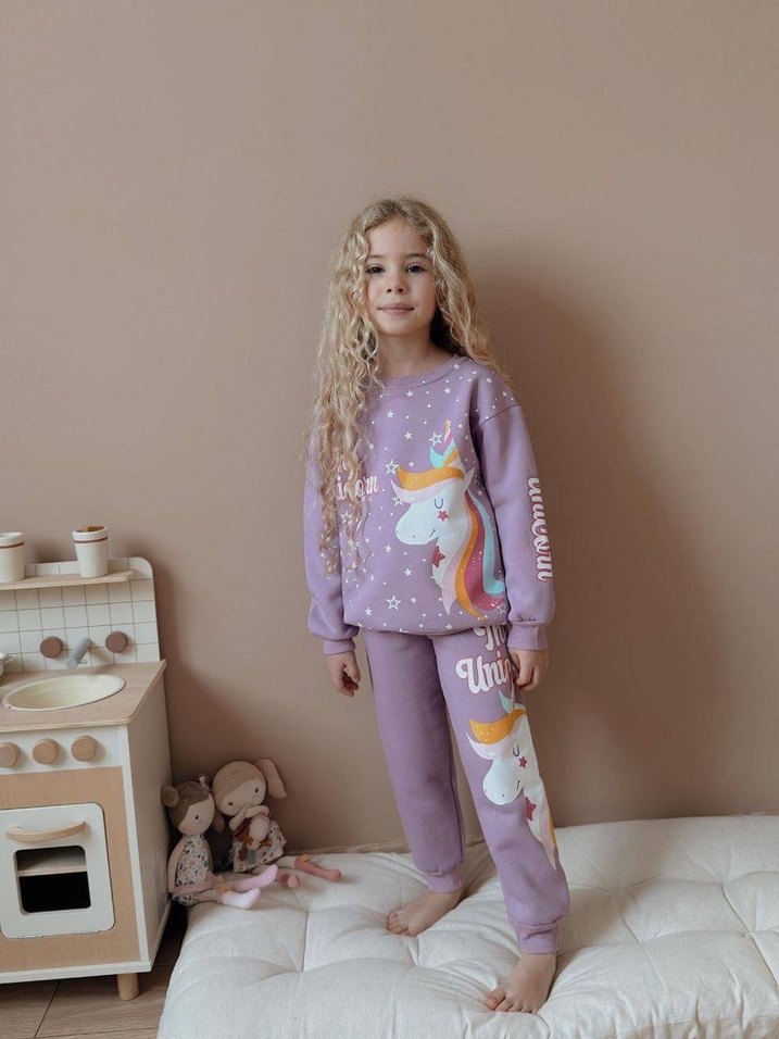 Kız Çocuk Mor Unicorn Desenli Sweatshirt ve Eşofman - Görsel 2