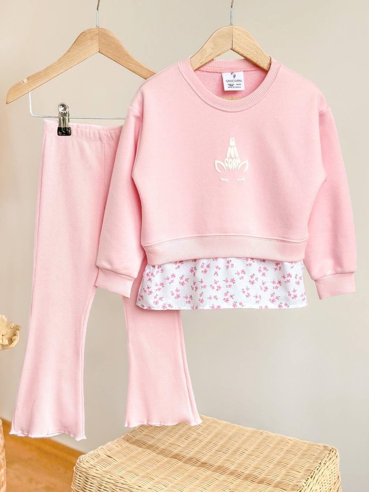 Pembe Nakışlı Kız Çocuk Sweatpant Takım - Görsel 3
