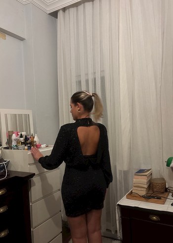 Uzun Kollu Siyah parıltılı mini Elbise - Görsel 3