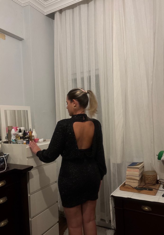 Uzun Kollu Siyah parıltılı mini Elbise - Görsel 3