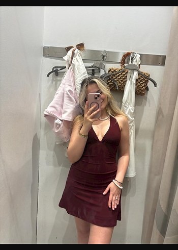 Bordo halter Yaka Mini Elbise - Görsel 2