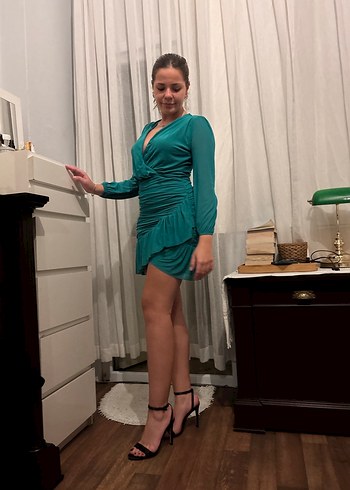 Turkuaz V Yakalı Drapeli Mini Elbise - Görsel 2