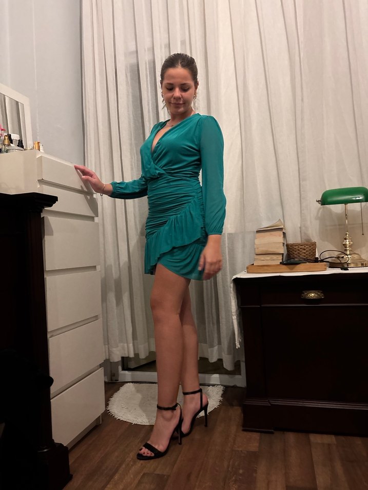 Turkuaz V Yakalı Drapeli Mini Elbise - Görsel 2