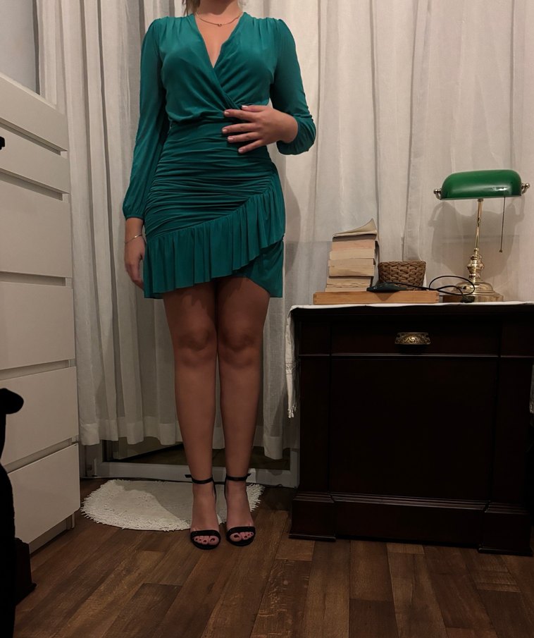 Turkuaz V Yakalı Drapeli Mini Elbise - Görsel 3