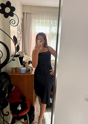 Askılı Saten Gece mavisi Elbise - Görsel 2