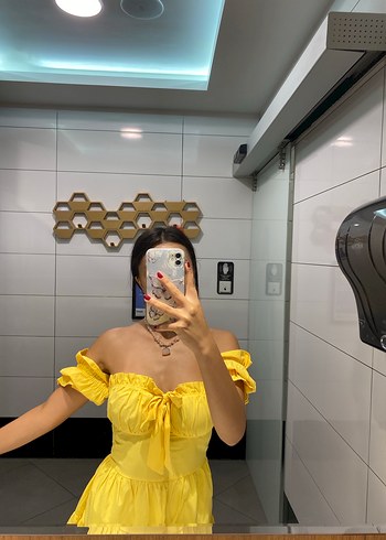 Diğer Sarı Bohem Straplez Mini Elbise