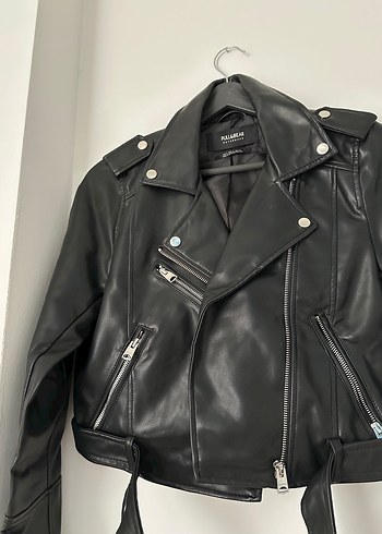 s Beden Kadın Siyah Deri Kemerli Biker Ceket