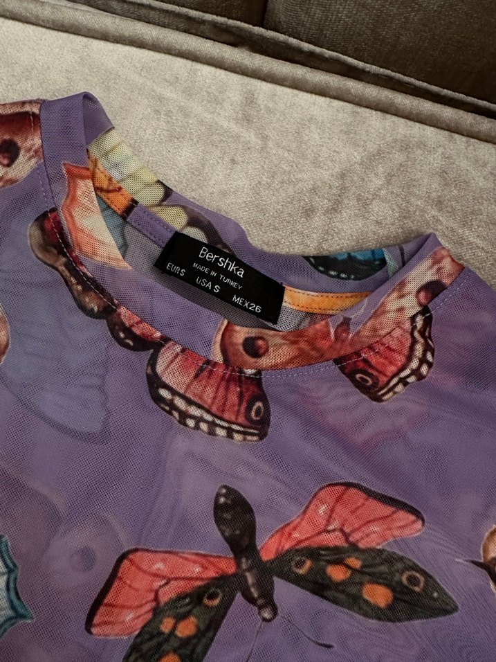 Mor Kelebek Desenli Bohem Uzun Kollu Bluz - Görsel 2