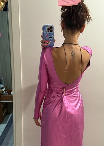 Diğer Parlak Pembe Midi Uzun Kollu Elbise
