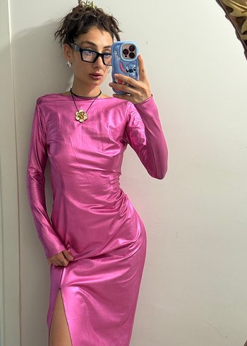 Parlak Pembe Midi Uzun Kollu Elbise