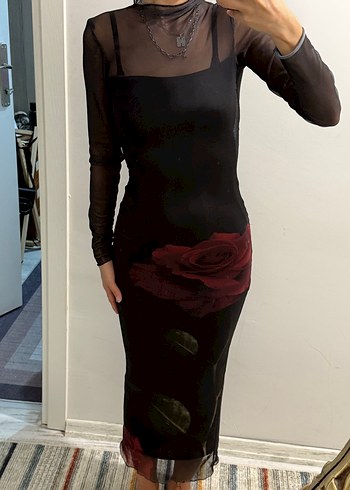 Bordo Çiçek Desenli Uzun Gotik Elbise