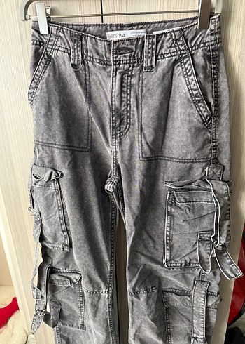 Gri Batik Desenli Kemerli Kadın Denim Pantolon
