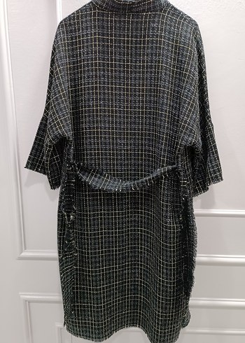 Kadın Gri  Gold Ekose Desenli Uzun Salaş Kimono - Görsel 4