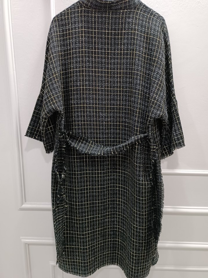 Kadın Gri  Gold Ekose Desenli Uzun Salaş Kimono - Görsel 4